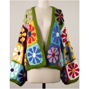 Handmade Granny square Multicolor Open Front Crochet Cardigan